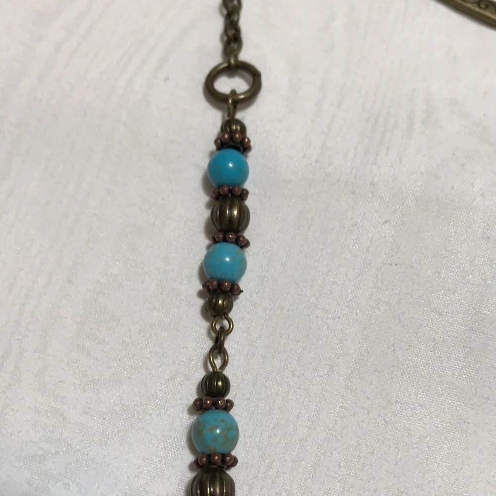 Metal Shepherd's Hook Bookmark w/Chain Metal Beads Turq Magnesite Gemstone Beads